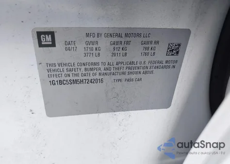 2017 Chevrolet Cruze Ls Auto z USA, uszkodzony, nr VIN 1G1BC5SM5H7242016